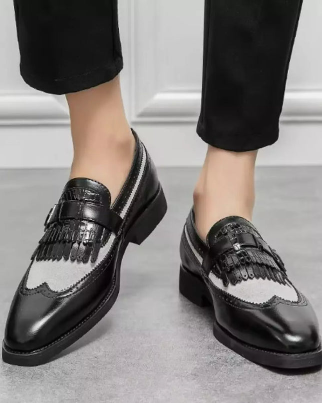 Handmade Men’s Two Tone Black and White Fringe Wing Tip Brogue Formal Leather & Suede Shoes