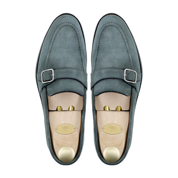 Handmade Men Charcoal Gray Suede Buckle Moccasins Dress Shoes, Slip Ons Shoes