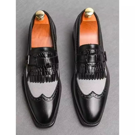Handmade Men’s Two Tone Black and White Fringe Wing Tip Brogue Formal Leather & Suede Shoes