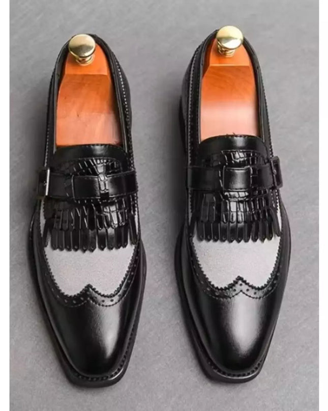 Handmade Men’s Two Tone Black and White Fringe Wing Tip Brogue Formal Leather & Suede Shoes