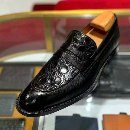 Handmade Black Shoes, Crocodile Moccasin Shoes, Leather Slip Ons, Dress Shoes
