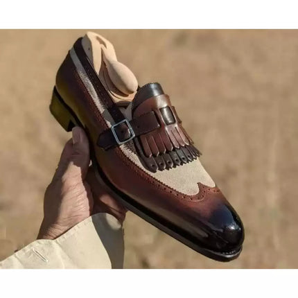 Handmade Mens Two Tone Fringe Wing Tip Brogue Formal Leather & Suede Shoes, Men Real Calf Leather Dress Shoes