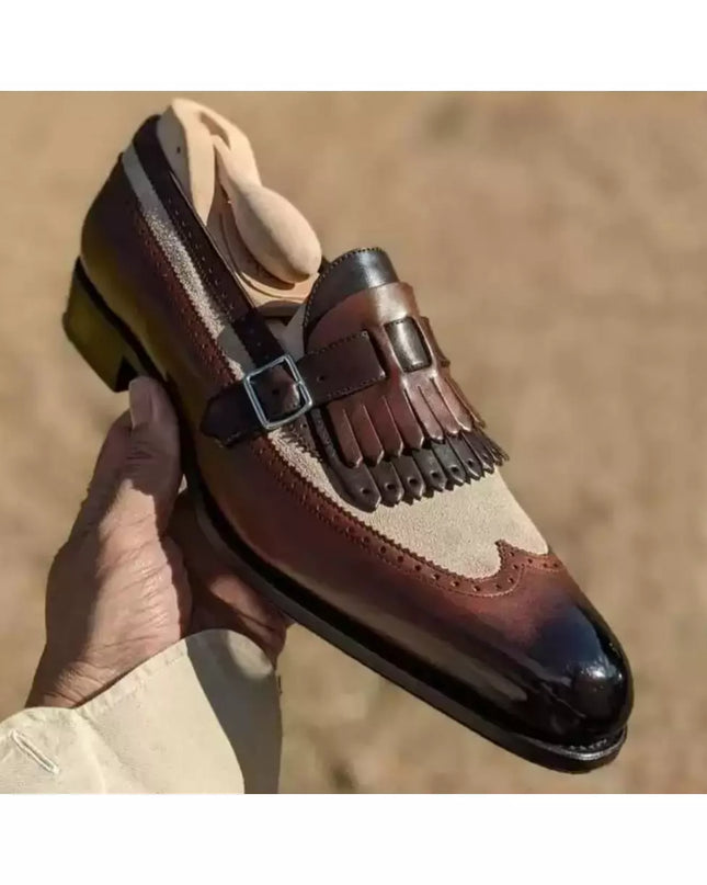 Handmade Mens Two Tone Fringe Wing Tip Brogue Formal Leather & Suede Shoes, Men Real Calf Leather Dress Shoes