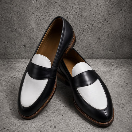 Handmade Men Black & White Leather Penny Loafers Slip ons Office Shoes