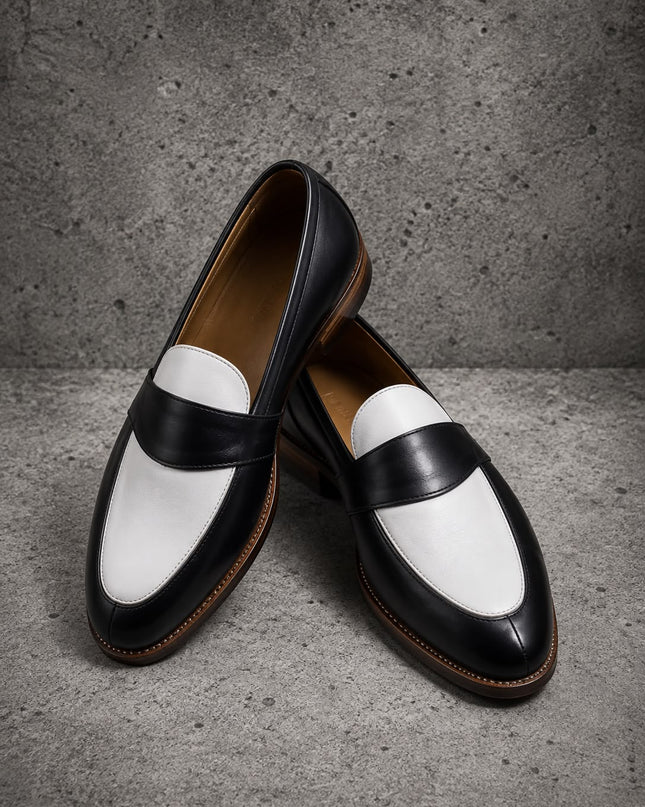 Handmade Men Black & White Leather Penny Loafers Slip ons Office Shoes