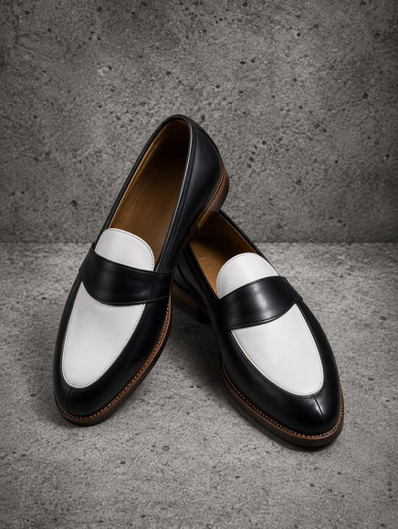 Handmade Men Black & White Leather Penny Loafers Slip ons Office Shoes