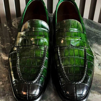 Green Handmade Shoes, Crocodile Moccasin Shoes, Leather Slip Ons, Dress Shoes