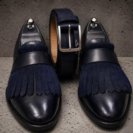 Handmade Men Black Leather Penny Loafers with Blue Suede Fringes Office Shoes