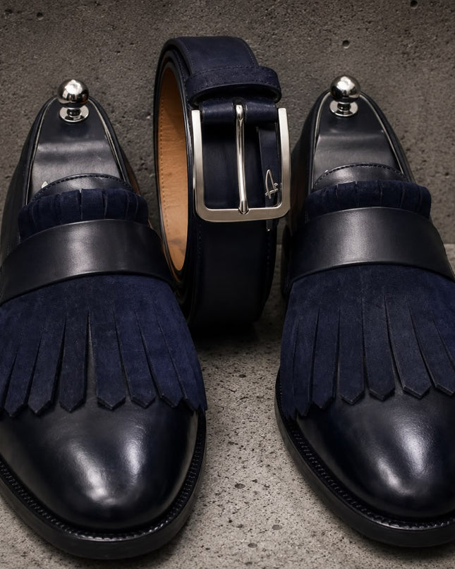 Handmade Men Black Leather Penny Loafers with Blue Suede Fringes Office Shoes