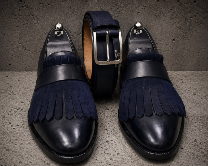 Handmade Men Black Leather Penny Loafers with Blue Suede Fringes Office Shoes