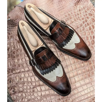 Handmade Mens Two Tone Fringe Wing Tip Brogue Formal Leather & Suede Shoes, Men Real Calf Leather Dress Shoes