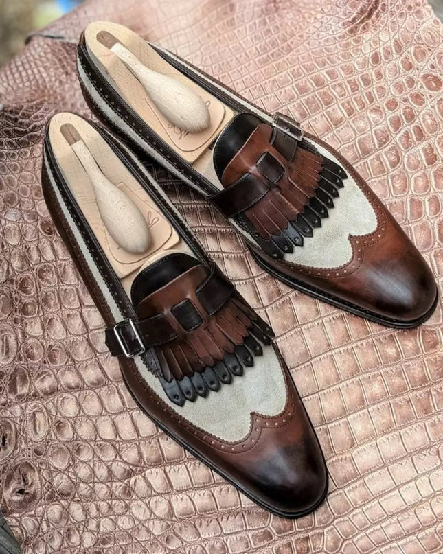 Handmade Mens Two Tone Fringe Wing Tip Brogue Formal Leather & Suede Shoes, Men Real Calf Leather Dress Shoes