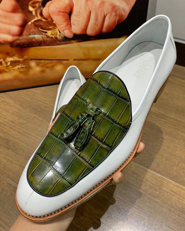 Two Tone Handmade Shoes, Crocodile Moccasin, Leather Slip Ons, Tassel Dress Shoe