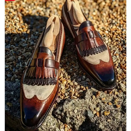 Handmade Mens Two Tone Fringe Wing Tip Brogue Formal Leather & Suede Shoes, Men Real Calf Leather Dress Shoes