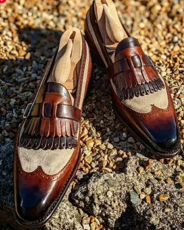 Handmade Mens Two Tone Fringe Wing Tip Brogue Formal Leather & Suede Shoes, Men Real Calf Leather Dress Shoes