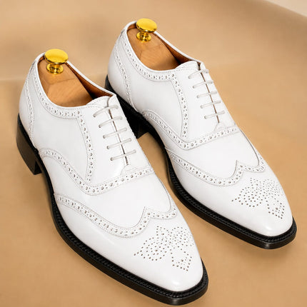 Handmade white leather wingtip brogue lace up men office shoes, Dress shoes for mens