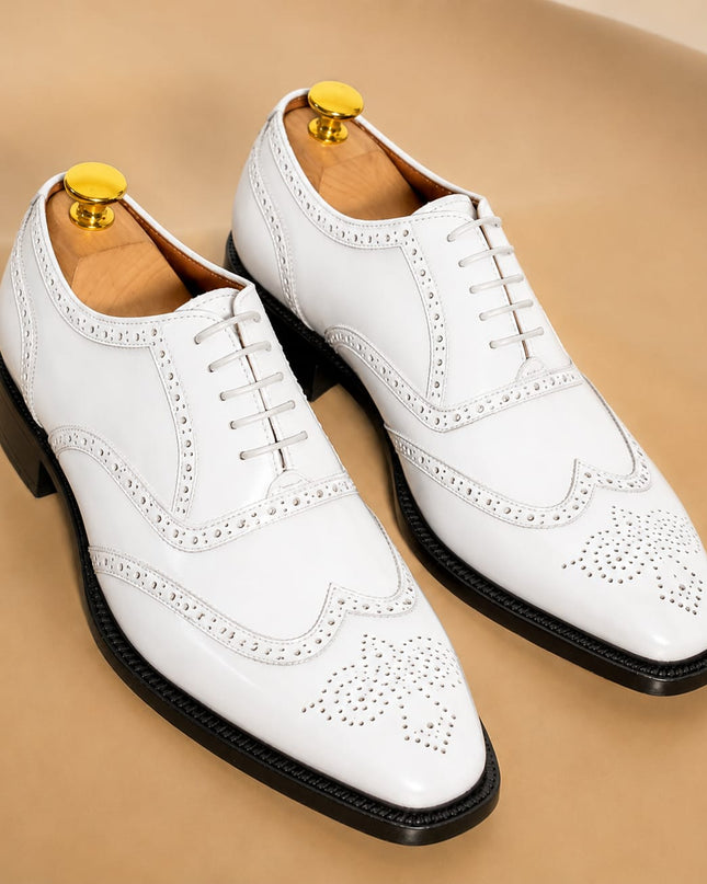 Handmade white leather wingtip brogue lace up men office shoes, Dress shoes for mens