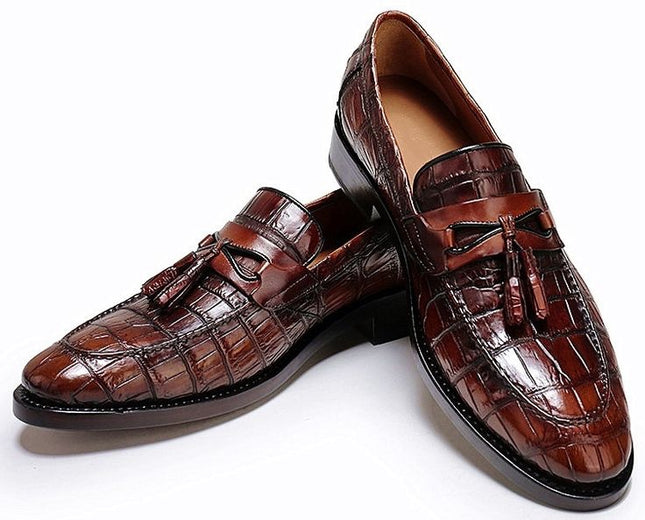 Handmade Brown Crocodile Moccasin, Leather Slip Ons, Tasseled Dress Shoes
