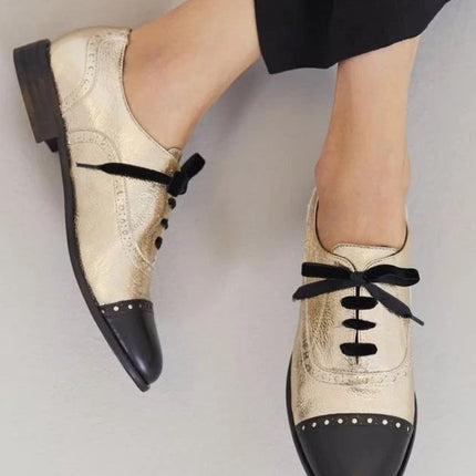 Handmade Women Gold & Black  Leather Lace Up Dress Shoes, Formal Brogue Shoes