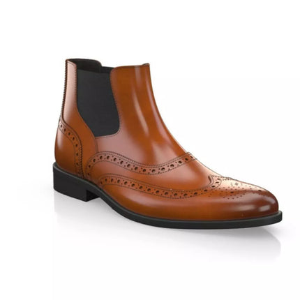 Handmade Men Tan Leather Wing Tip Brogue Chelsea Ankle Boots, Mens Dress Boots