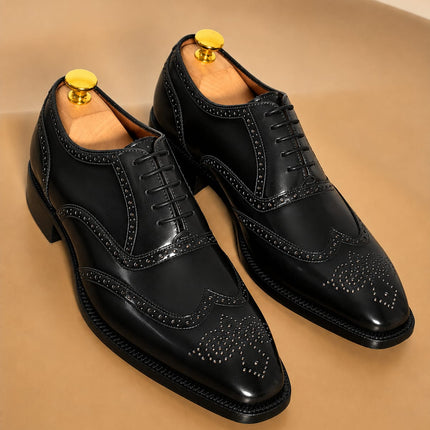 Handmade black leather wingtip brogue lace up men office shoes, Dress shoes for mens