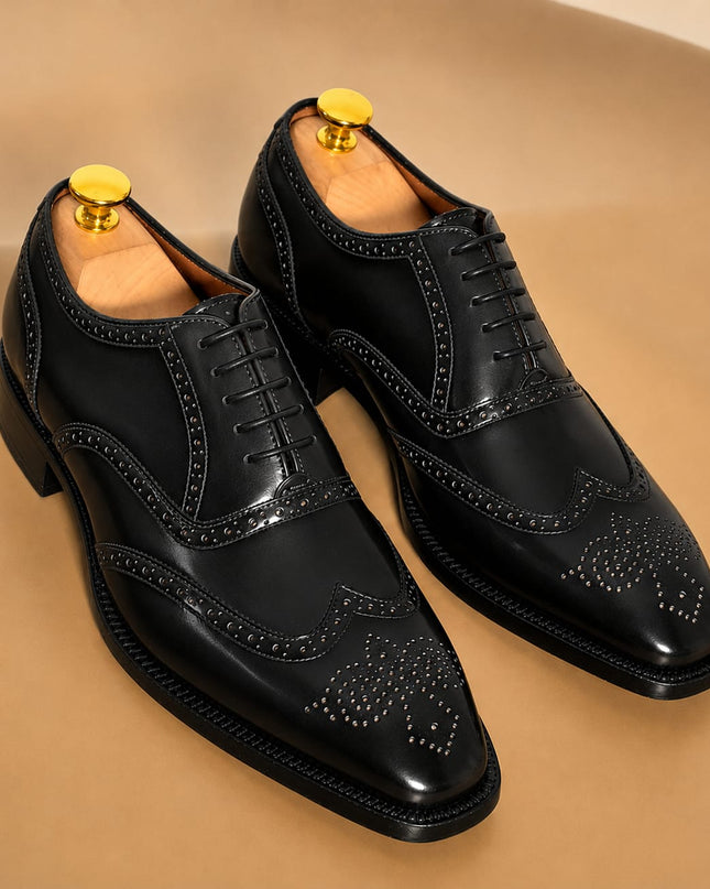 Handmade black leather wingtip brogue lace up men office shoes, Dress shoes for mens