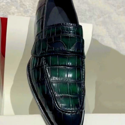 Dark Green Handmade Shoes, Crocodile Moccasin, Leather Slip Ons, Dress Shoes