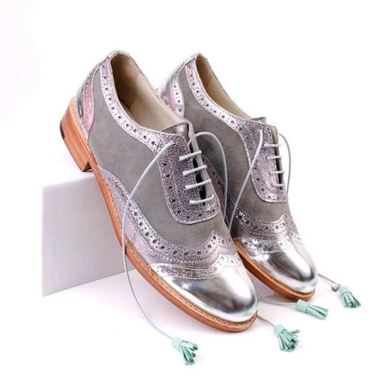 Handmade Women Two Tone Leather & Suede Lace Up Dress Shoe, Wing Tip Brogue Shoe