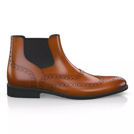 Handmade Men Tan Leather Wing Tip Brogue Chelsea Ankle Boots, Mens Dress Boots