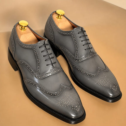 Handmade grey leather wingtip brogue lace up men office shoes, Dress shoes for mens