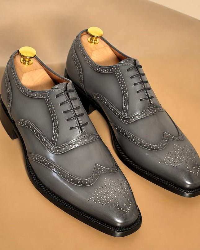 Handmade grey leather wingtip brogue lace up men office shoes, Dress shoes for mens