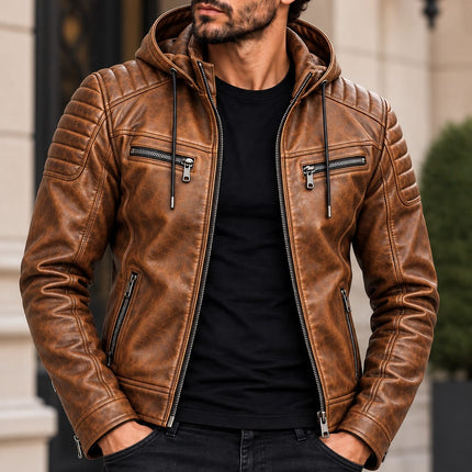 Men Tan Brown Leather Hooded Jacket, Mens Biker Jacket, Casual Leather Jackets