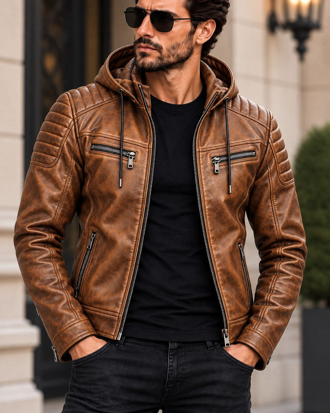 Men Tan Brown Leather Hooded Jacket, Mens Biker Jacket, Casual Leather Jackets