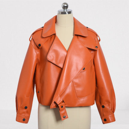Women Orange Leather Loose Style Fashion Jacket, Street Style Jackets