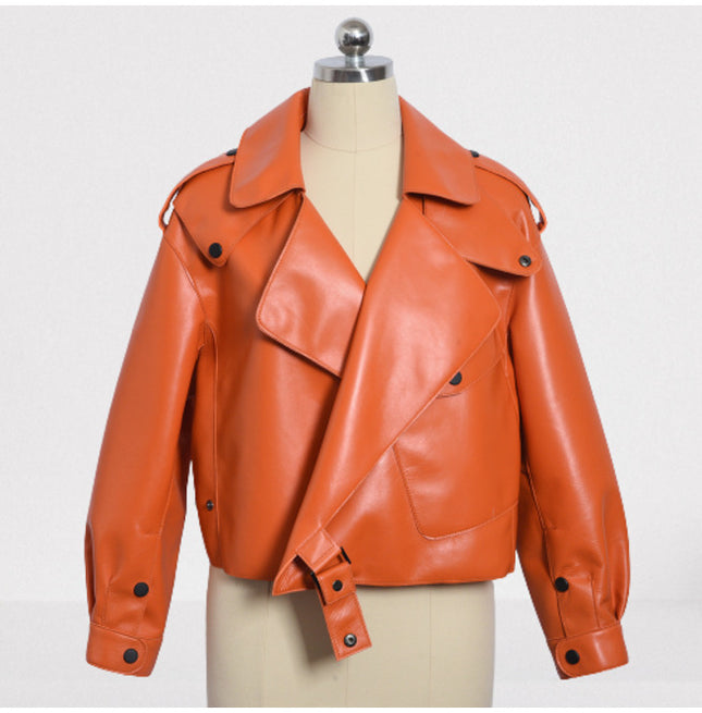 Women Orange Leather Loose Style Fashion Jacket, Street Style Jackets