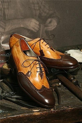 Handmade Men Two Tone Wing Tip Brogue Leather Dress Shoes, Lace Up Office Shoes