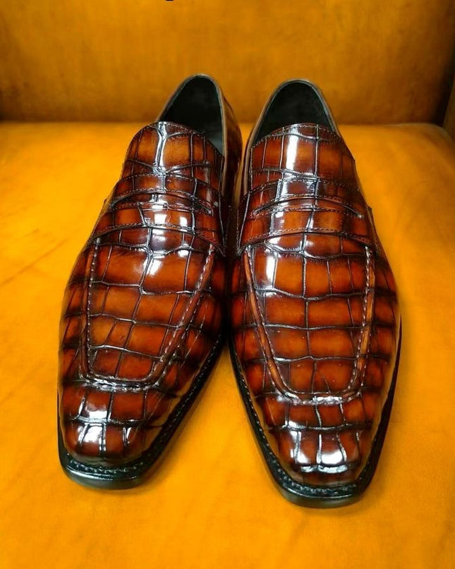 Handmade Crocodile Shoes, Shaded Brown Moccasin, Leather Slip Ons, Dress Shoes