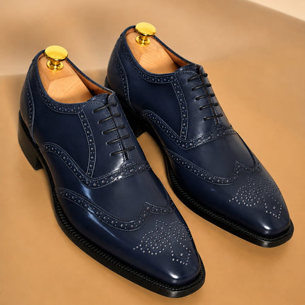 Handmade blue leather wingtip brogue lace up men office shoes, Dress shoes for mens