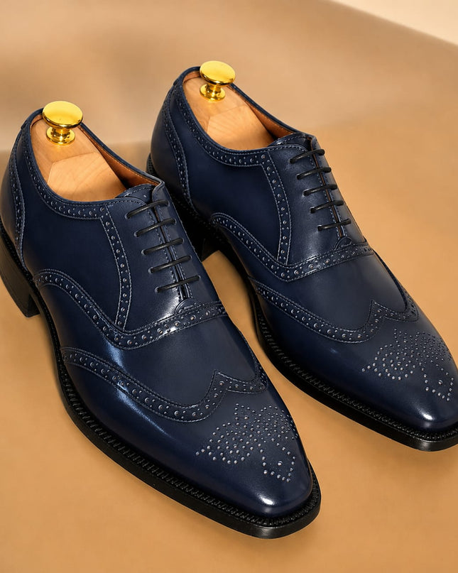 Handmade blue leather wingtip brogue lace up men office shoes, Dress shoes for mens