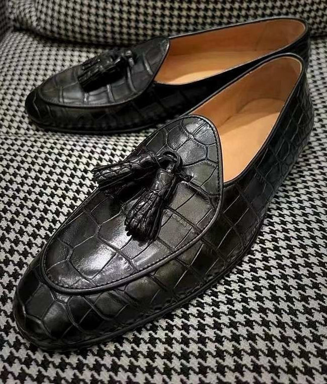 Handmade Crocodile Shoes, Tasseled Black Moccasin, Leather Slip Ons, Dress Shoes