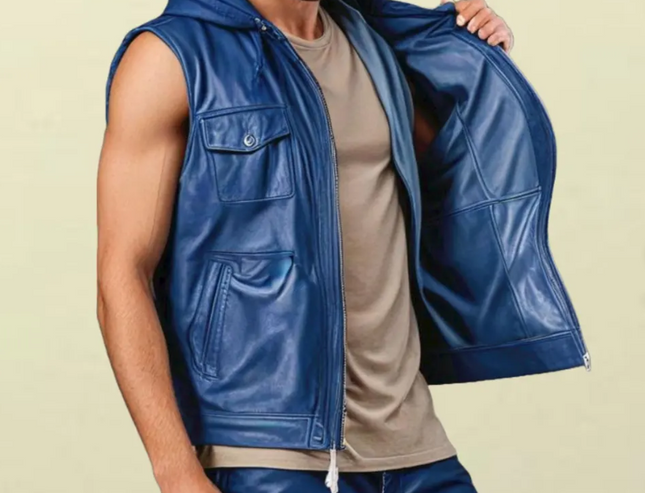 Handmade Blue Sleeveless Jacket, Blue Leather Biker Hood Jacket, Fashion Jackets