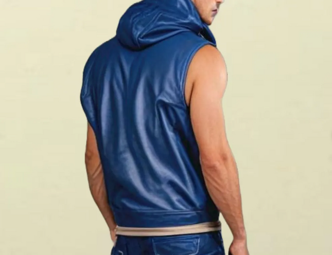 Handmade Blue Sleeveless Jacket, Blue Leather Biker Hood Jacket, Fashion Jackets