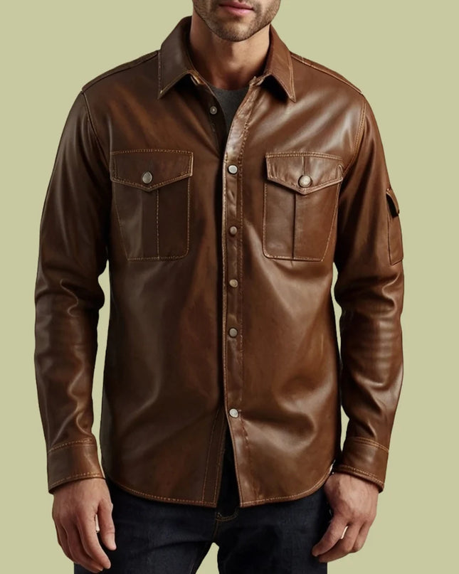 Handmade Men Dark Brown Shirt Style Cargo Jacket, Stylish Leather Biker Jacket, Dress Fashion Jackets