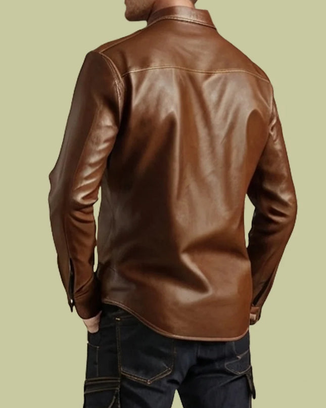 Handmade Men Dark Brown Shirt Style Cargo Jacket, Stylish Leather Biker Jacket, Dress Fashion Jackets