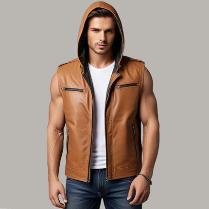 Handmade Men Brown Leather Jacket, Stylish Sleeveless Leather Biker Jacket