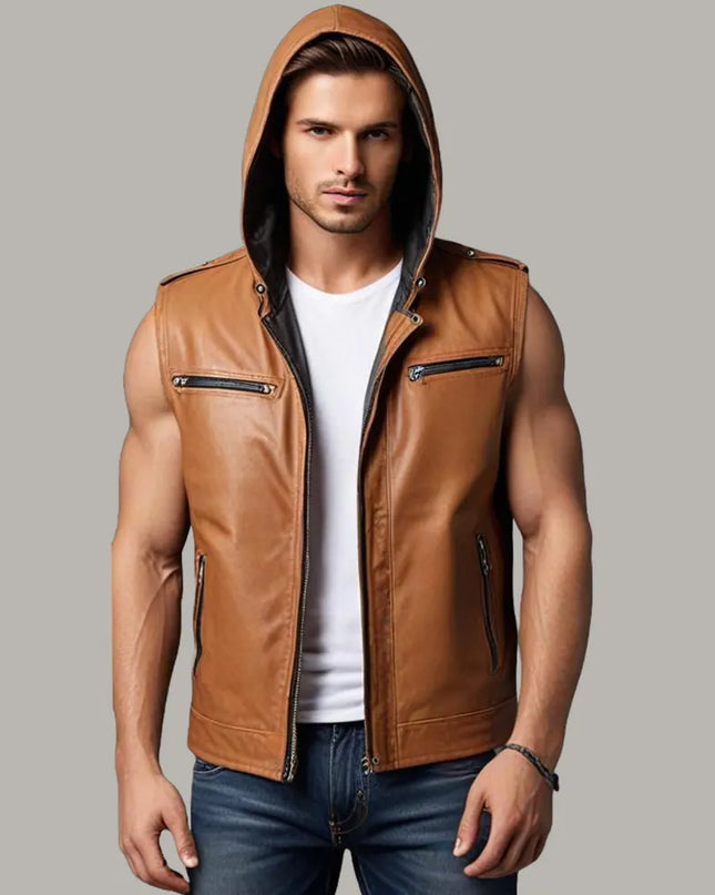 Handmade Men Brown Leather Jacket, Stylish Sleeveless Leather Biker Jacket