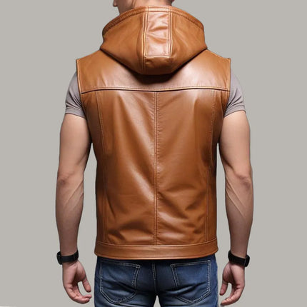 Handmade Men Brown Leather Jacket, Stylish Sleeveless Leather Biker Jacket