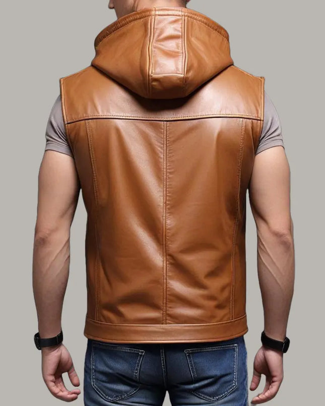 Handmade Men Brown Leather Jacket, Stylish Sleeveless Leather Biker Jacket