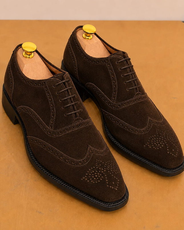 Handmade brown suede wingtip brogue lace up men office shoes, Dress shoes for mens