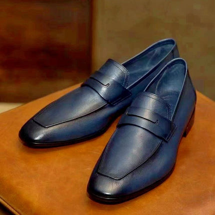 New Handmade Blue Shoes, Formal Office Moccasin, Leather Slip Ons, Dress Shoes